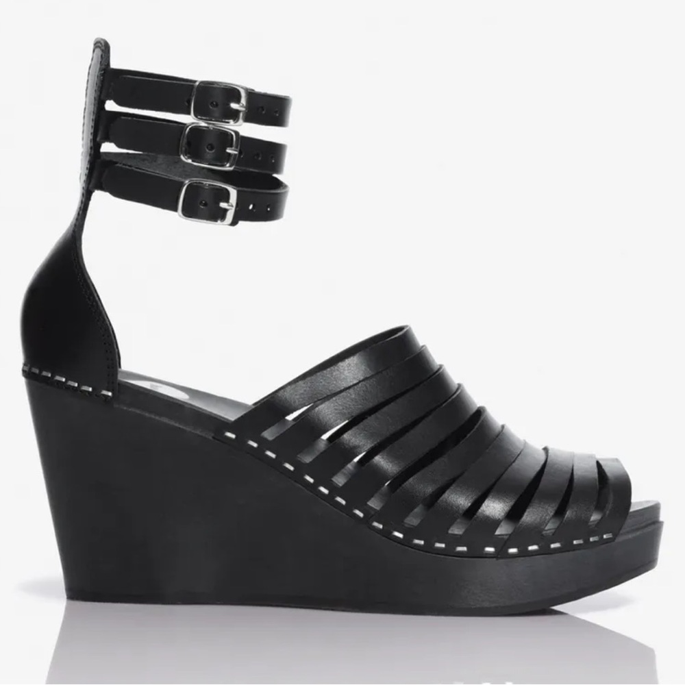 Swedish Hasbeens for H&M Multi-strap Leather Wedge with Wooden Heel